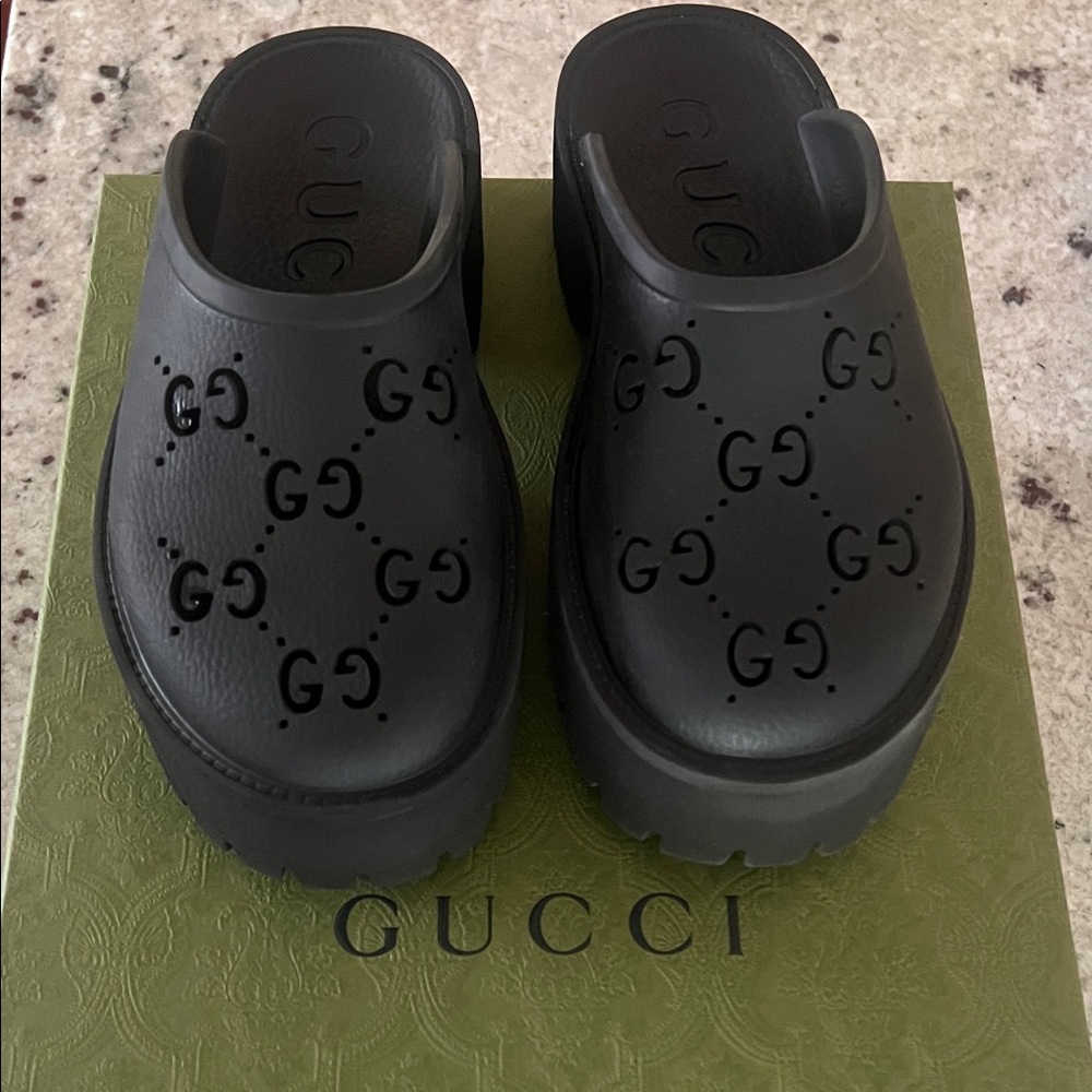 Authentic Gucci Black Perforated GG Platform Clog Slides